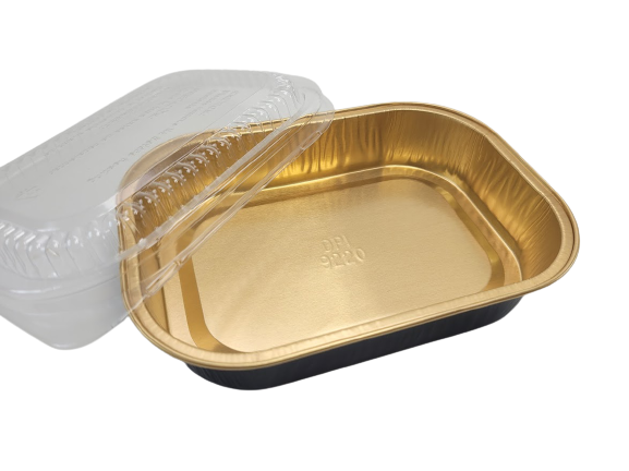 Bandeja para platos principales o para llevar de 16 oz con tapa en forma de cúpula y cubierta de papel de aluminio dorado y negro - Caja de 100