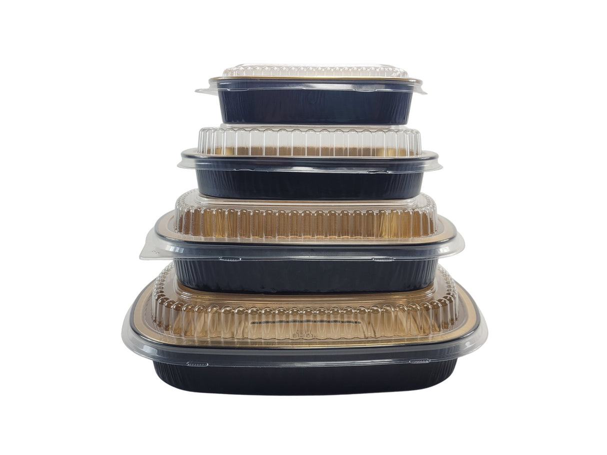 Medium 47 oz. Black and Gold Foil Entrée or Take Out Pan with Dome Lid - Case of 50