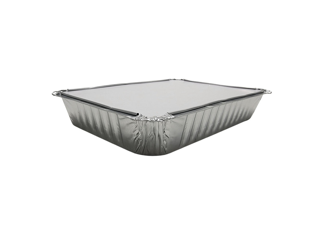 Bandeja de aluminio rectangular poco profunda de 1½ lb con tapa de cartón - Caja de 500 n.° 230 l