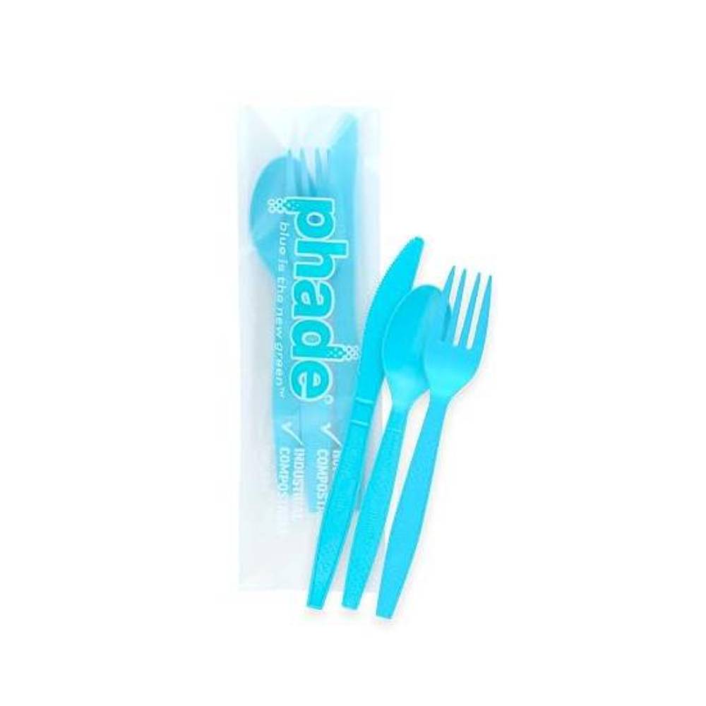 Phade® 6.1"-7.1" Compostable Wrapped Fork/Spoon/Knife Kit - Case of 225 - #222679