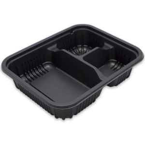 Bandeja rectangular de polipropileno acanalado negro de 8″ x 6,5″ con 3 compartimentos, 24 oz. - Caja de 250