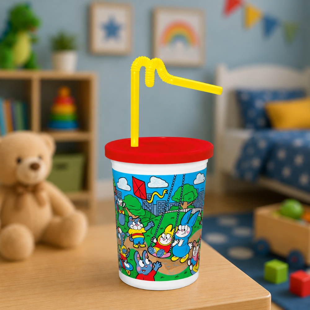 12 oz. Plastic Kids Cup Animal Design with Red Lid and Curly Straw - Case of 250 - #3052120