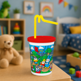 12 oz. Plastic Kids Cup Animal Design with Red Lid and Curly Straw - Case of 250 - #3052120