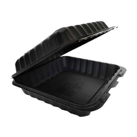 Contenedor de comida para llevar con bisagras de 1 compartimento MFPP de 8 x 8 x 3, color negro (caja de 200)