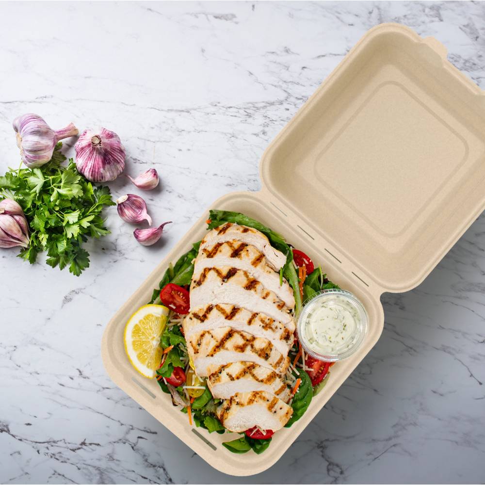 8" PFAS-Free Fiber Hinged Container, Natural - Case of 200 - #80FBRHT1
