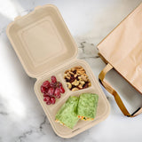 8" PFAS-Free Fiber 3-Compartment Hinged Takeout Container, Natural - Case of 200 - #80FBRHT3