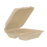 8" PFAS-Free Fiber 3-Compartment Hinged Takeout Container, Natural - Case of 200 - #80FBRHT3