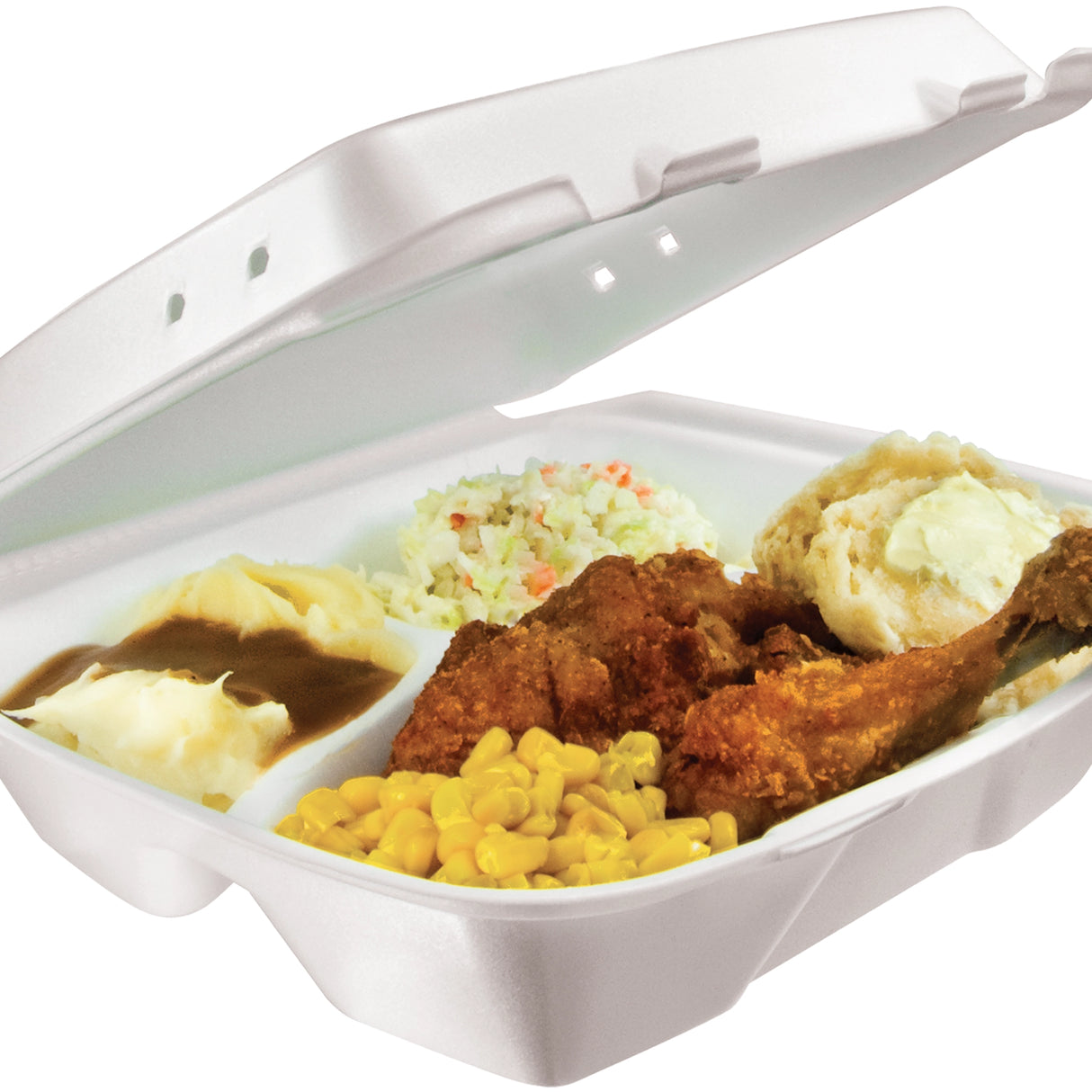 9" XPS Foam 3-Compartment White Container with Vented Removable Lid - Case of 200 - #90HTPF3VR