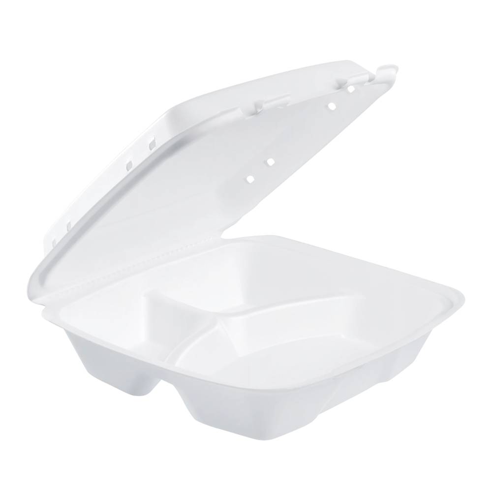 9" XPS Foam 3-Compartment White Container with Vented Removable Lid - Case of 200 - #90HTPF3VR