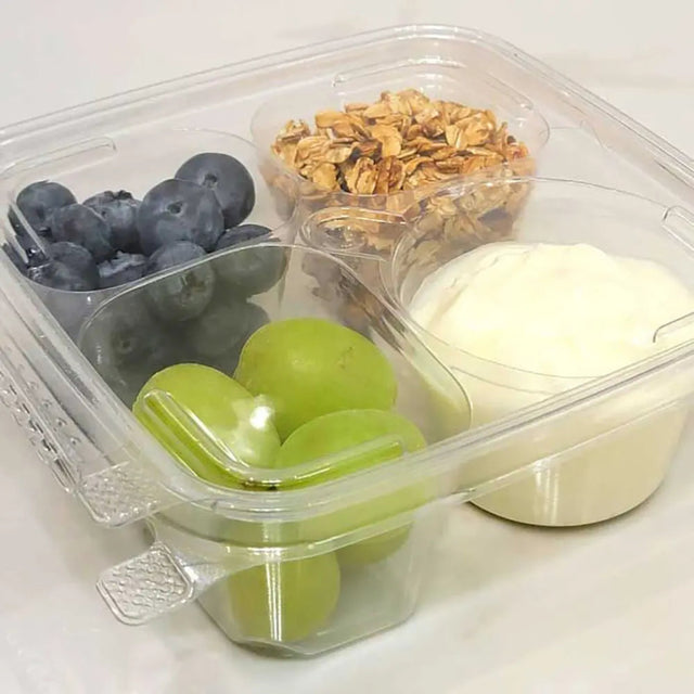 Inline Plastics Safe-T-Fresh 6x6 Tamper Evident & Tamper Resistant 4 Compartment Clamshell - Case of 252 - #TSSB3R Inline Plastics