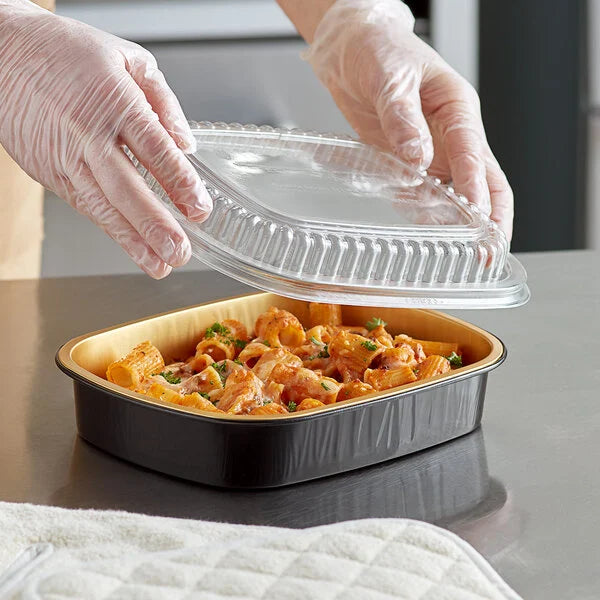 Large 64 oz. Black and Gold Foil Entrée Take Out Pan with Dome Lid - Case of 50 - #9553PT-50