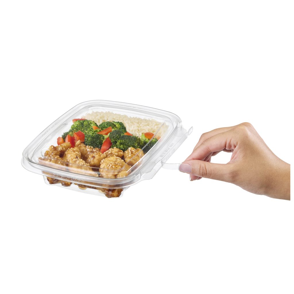 Safe-T-Chef 16 oz. Tamper Evident Microwavable Hinged Takeout Container with Flat Lid - Case of 126 - #C8616F