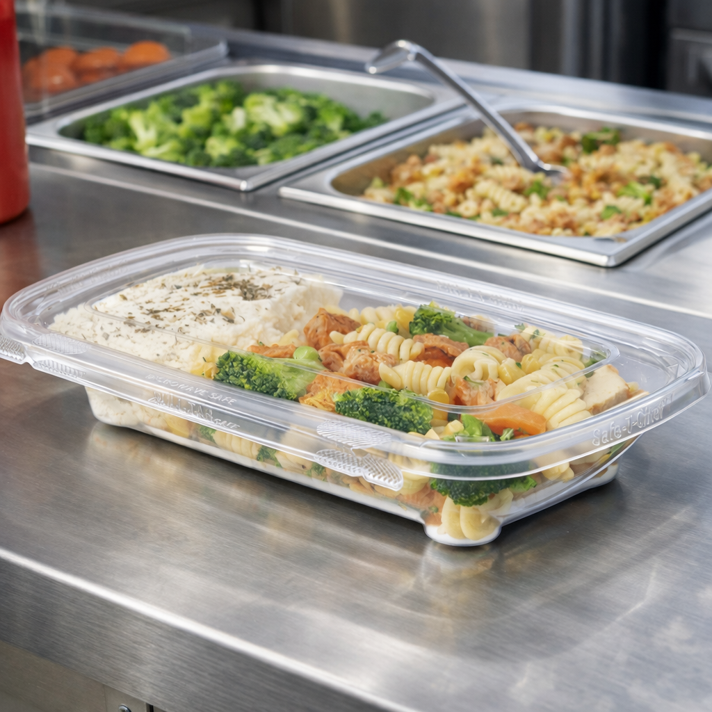 Safe-T-Chef 9 x 6 Tamper Evident & Tamper Resistant Microwaveable Flat Lid Clamshell, 24 oz. - Case of 136
