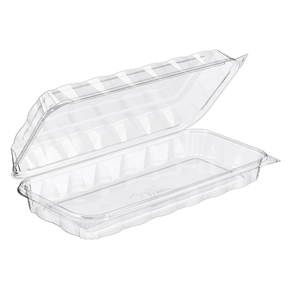 CrystalFresh 13 x 6 Rectangular No Rib Design Hinged Bakery Container with High Dome Lid - Case of 132 - #CF6095