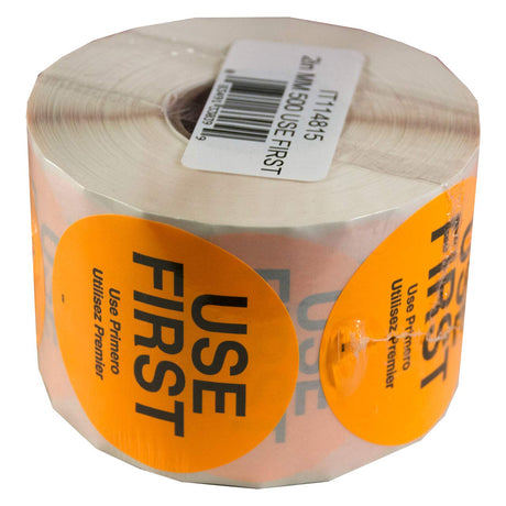 MoveMark™ 2" USE First Trilingual Removable Food Label - Roll of 500 - #IT114815 Wholesale Foil Pans