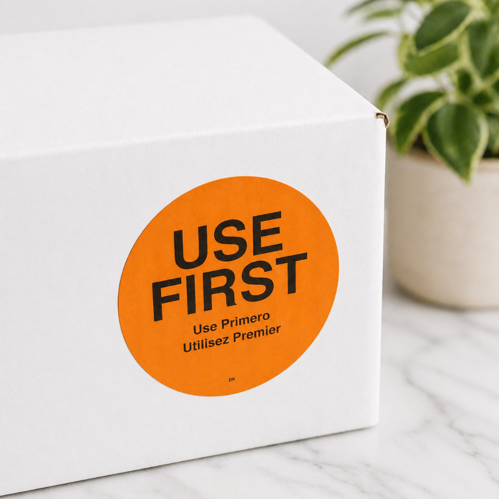 MoveMark™ 2" USE First Trilingual Removable Food Label - Roll of 500 - #IT114815