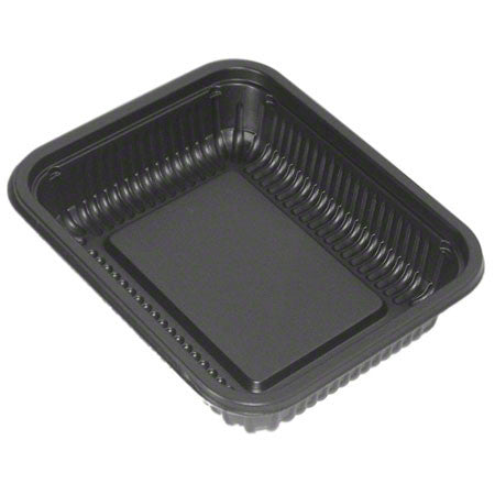 Bandeja rectangular HMR de 8″ x 6,5″ de polipropileno acanalado negro, 1 compartimento, 32 oz, con tapa, caja de 250