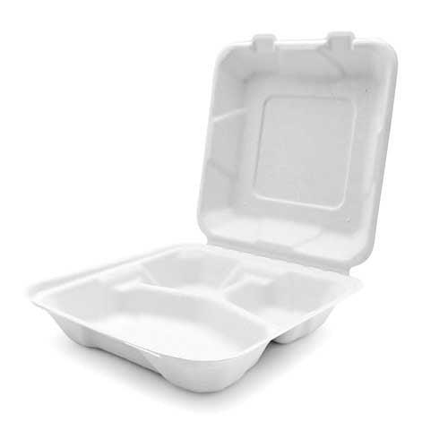 Contenedor de comida para llevar con bisagras de 3 compartimentos y fibra moldeada de 8 x 8 x 3 pulgadas Earth Smart™ - Caja de 200