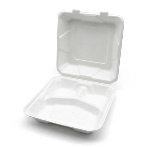 Contenedor de comida para llevar con bisagras de 3 compartimentos y fibra moldeada de 9 x 9 x 3 pulgadas Earth Smart™ - Caja de 200