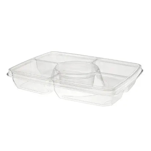 14"x 11" Two Piece Rectangular Party Platter with 4 Compartment & Center Dip Cup - Case of 60 - #PLQ116C4R Inline Plastics