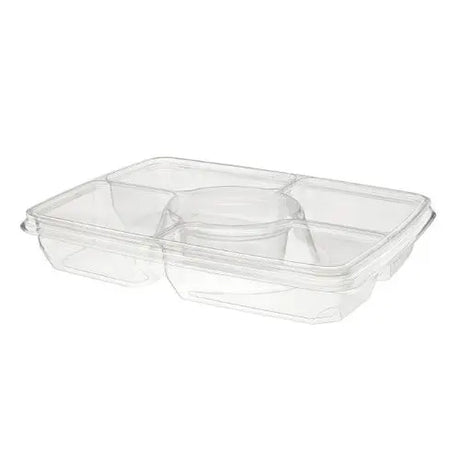 14"x 11" Two Piece Rectangular Party Platter with 4 Compartment & Center Dip Cup - Case of 60 - #PLQ116C4R Inline Plastics