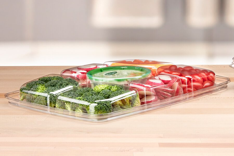 80 oz. Two-Piece 6 Compartment Platter with Center Dip Cup - Case of 60 - #PLQ80C6R
