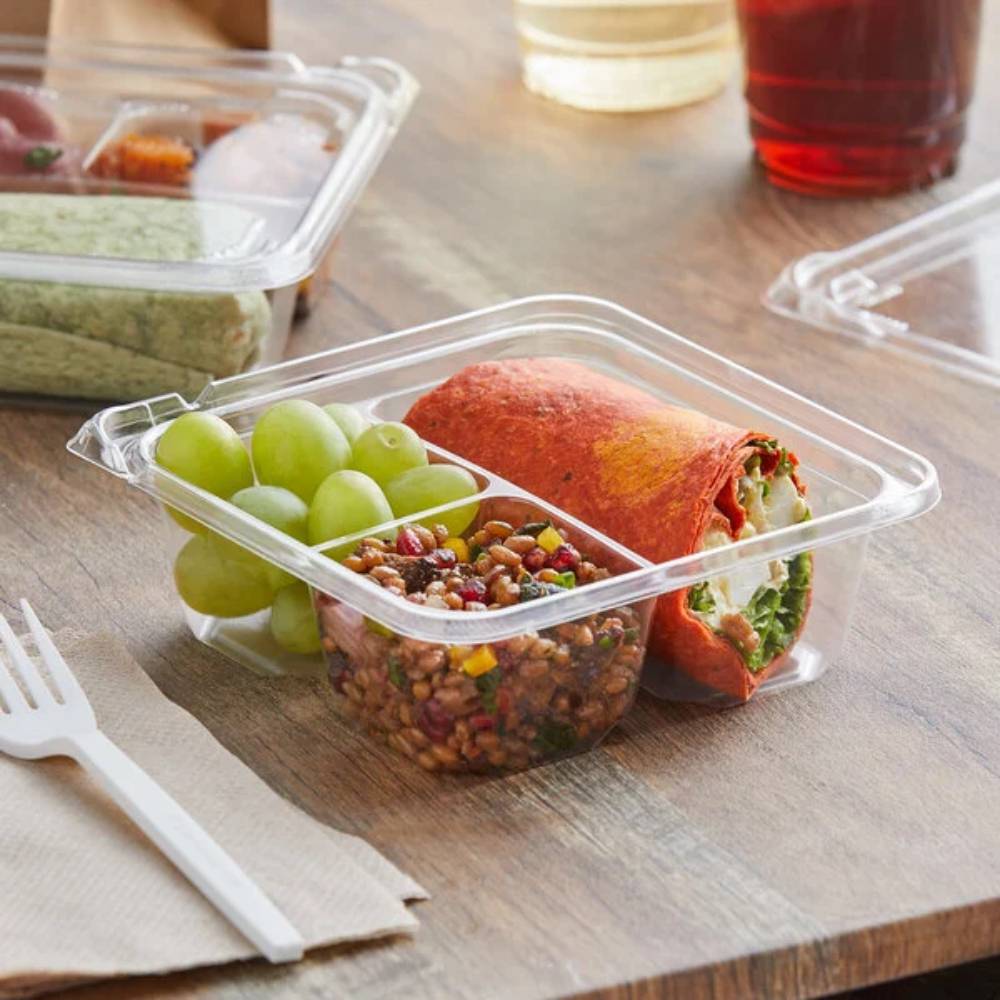 6" Clear PET Plastic 3-Compartment Tamper-Evident/Resistant Container - Case of 300 - #SBTG3