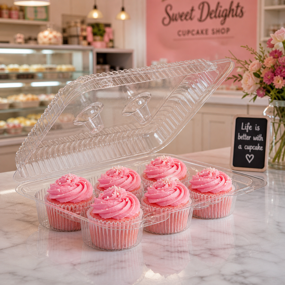 6-Count Rectangular Hinged PET Plastic Cupcake Container - Case of 300 - #SLP36