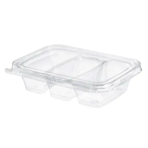 16 oz. Rectangular Tamper Evident & Tamper Resistant Deli Clamshell with 3 Compartments - Case of 192 - #TS16C3 Inline Plastics
