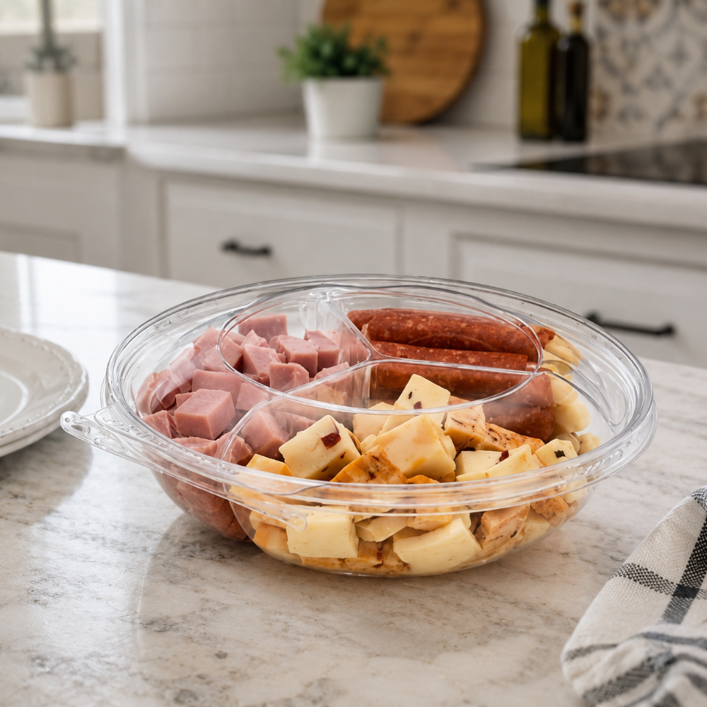 Safe-T-Fresh 52 oz. Tamper Evident 3-Compartment Clamshell Container - Case of 100 - #TS52R3N
