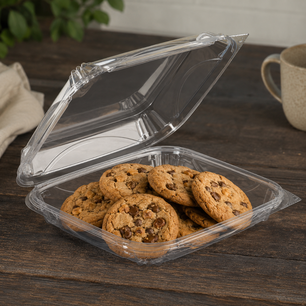 VisiblyFresh 8 x 7 Square Hinged Plastic Bakery Container with Low Dome Lid - Case of 110 - #VF8092