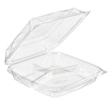 VisiblyFresh 9 x 9 Square 3-Compartment Plastic Hinged Deli Container - Case of 100 - #VF8109