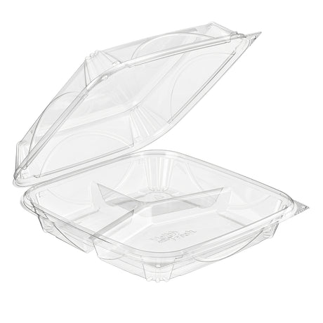 VisiblyFresh 9 x 9 Square 3-Compartment Plastic Hinged Deli Container - Case of 100 - #VF8109