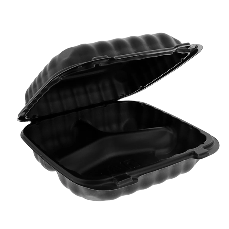 8" x 8" 3-Compartment Black MFPP Hinged Takeout Container - Case of 200 - #YCNB08030000