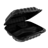 8" x 8" 3-Compartment Black MFPP Hinged Takeout Container - Case of 200 - #YCNB08030000