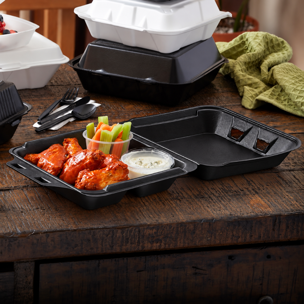 9 x 9.5" PS Foam SmartLock 3-Compartment Hinged Lid Container - Case of 150 - #YHLB09030000