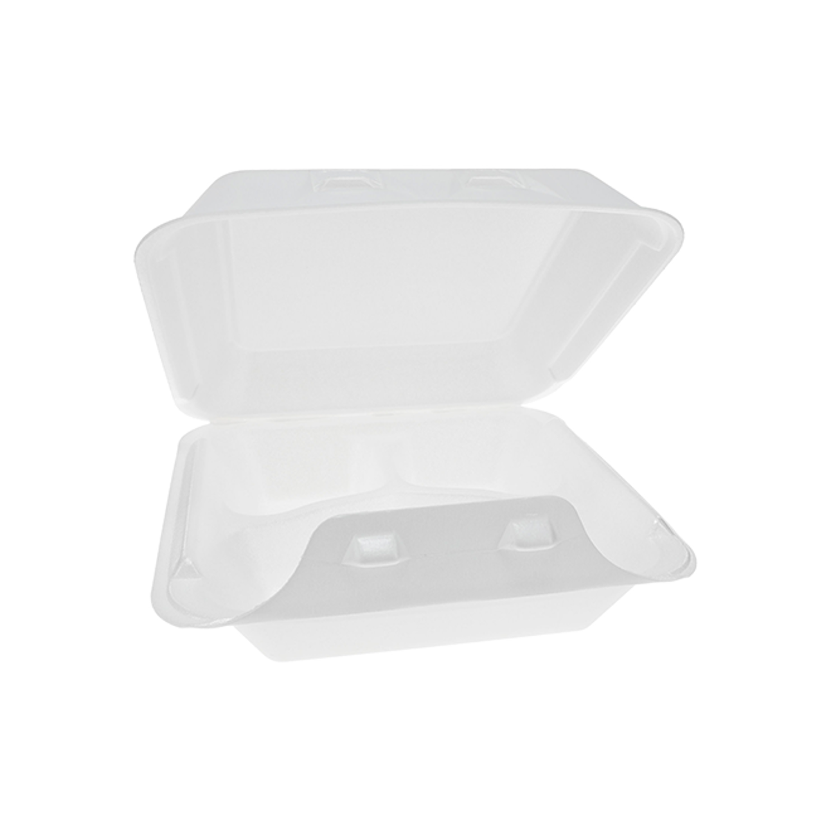 8" x 8" PS Foam SmartLock White 3-Compartment Hinged Takeout Container - Case of 150 - #YHLW08030000
