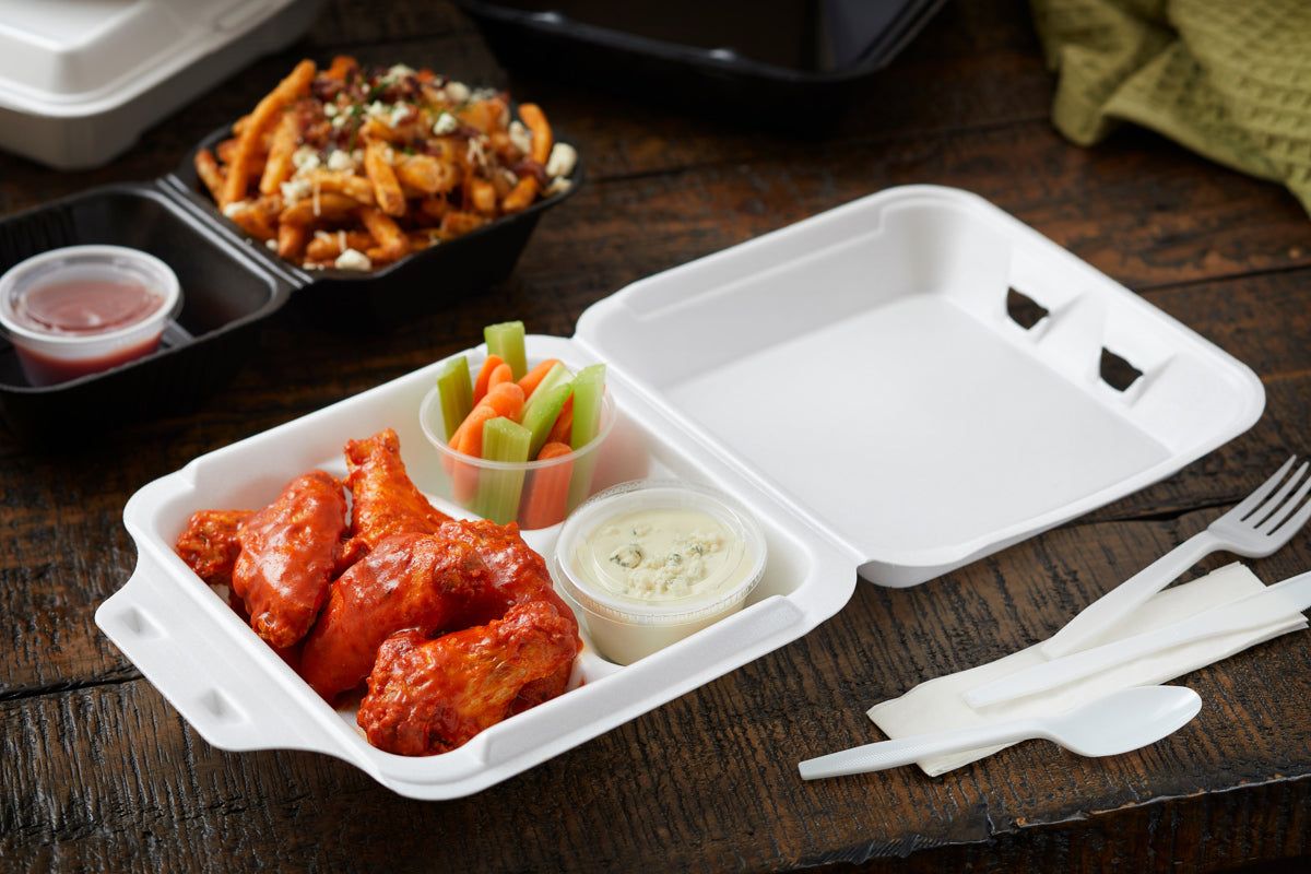 8" x 8" PS Foam SmartLock White 3-Compartment Hinged Takeout Container - Case of 150 - #YHLW08030000