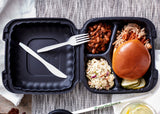 8" x 8" 3-Compartment Black MFPP Hinged Takeout Container - Case of 200 - #YCNB08030000
