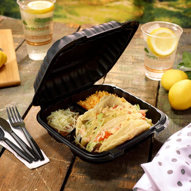 8" x 8" 3-Compartment Black MFPP Hinged Takeout Container - Case of 200 - #YCNB08030000