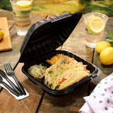 8" x 8" 3-Compartment Black MFPP Hinged Takeout Container - Case of 200 - #YCNB08030000