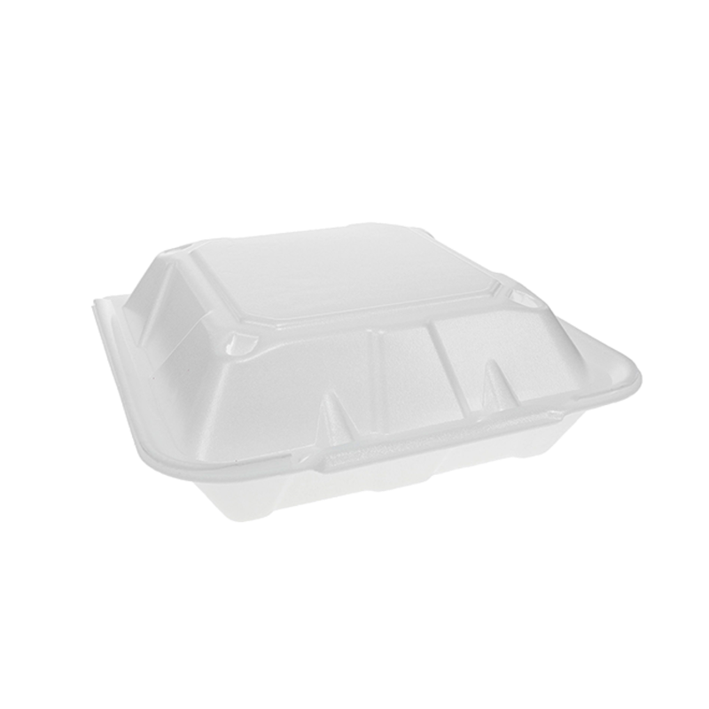 9" x 9" PS Foam 3-Compartment White Economy Hinged Takeout Container - Case of 150 - #YTD19903ECON