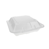 9" x 9" PS Foam 3-Compartment White Economy Hinged Takeout Container - Case of 150 - #YTD19903ECON