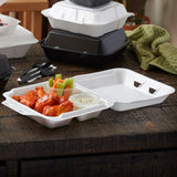 9" x 9" PS Foam 3-Compartment White Economy Hinged Takeout Container - Case of 150 - #YTD19903ECON