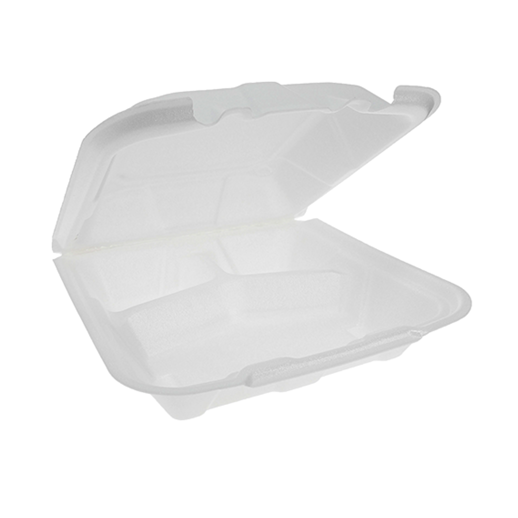 9" x 9" PS Foam 3-Compartment White Economy Hinged Takeout Container - Case of 150 - #YTD19903ECON