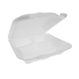 9" x 9" PS Foam 3-Compartment White Economy Hinged Takeout Container - Case of 150 - #YTD19903ECON