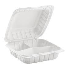 Contenedor de comida para llevar con bisagras de 3 compartimentos MFPP de 9 x 9 x 3, color blanco - Caja de 150