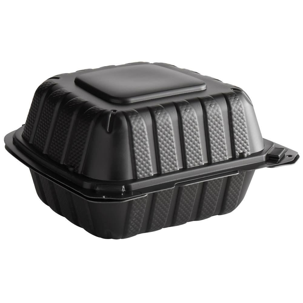 Contenedor de comida para llevar con bisagras de 1 compartimento MFPP de 6 x 6 x 3, color negro (caja de 300)