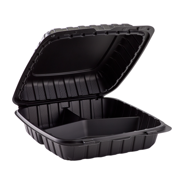 Contenedor de comida para llevar con bisagras de 3 compartimentos MFPP de 9 x 9 x 3, color negro, caja de 150