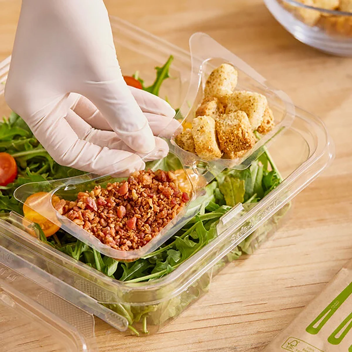 Inline Plastics Safe-T-Fresh 2 compartment plastic inserts 4.2 capacity filled with food